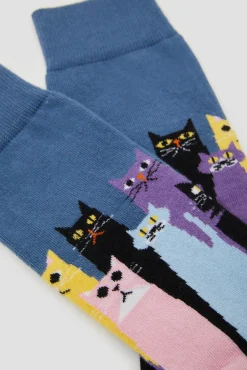 Calcetines altos Besocks de gatos de algodón orgánico color azul