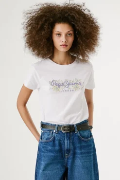 Camiseta manga corta con logo frontal con motivos florales