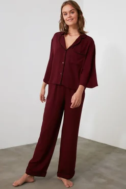 Conjunto pijama camisero viscosa burdeos ribetes