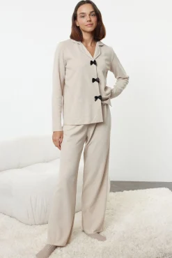 Conjunto pijama camisero punto con lazos