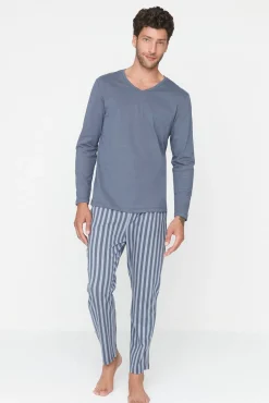 Conjunto pijama largo azul rayas100% algodón