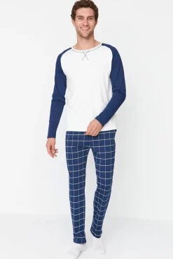 Conjunto pijama largo azul cuadros 100% algodón