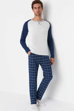 Conjunto pijama largo azul cuadros 100% algodón