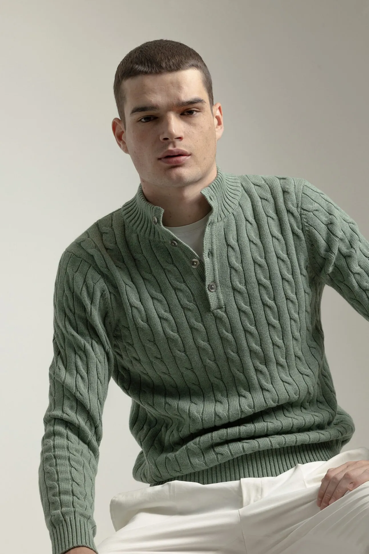 Jersey cable knit botones algodón