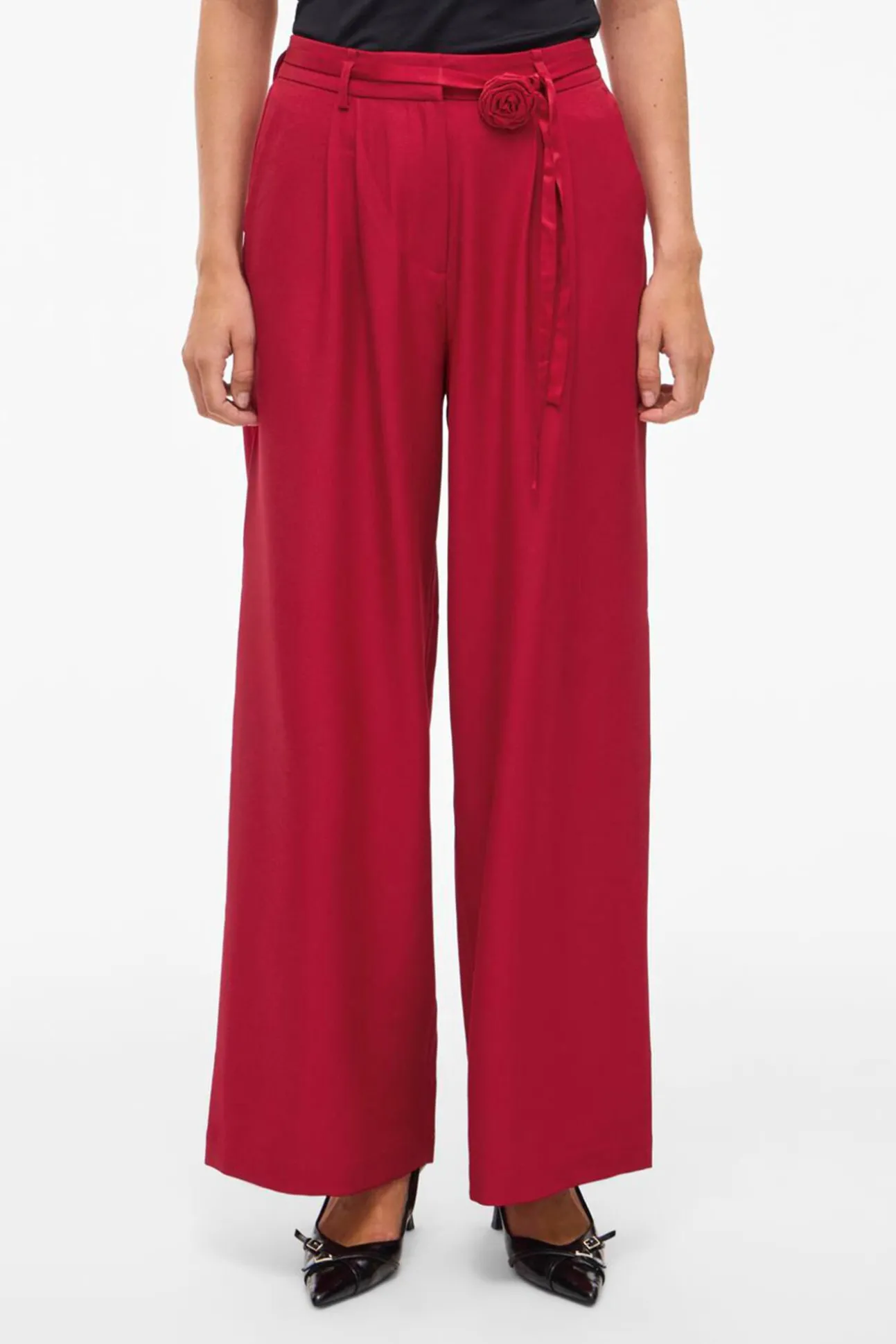 Pantalón ancho de vestir con cinturón flor