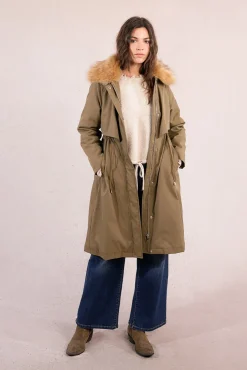 Parka larga con cuello en tejido de pelo