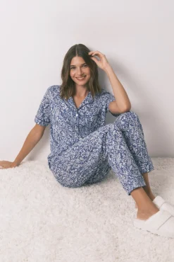 Pijama camisero largo 100% algodón azul print flores