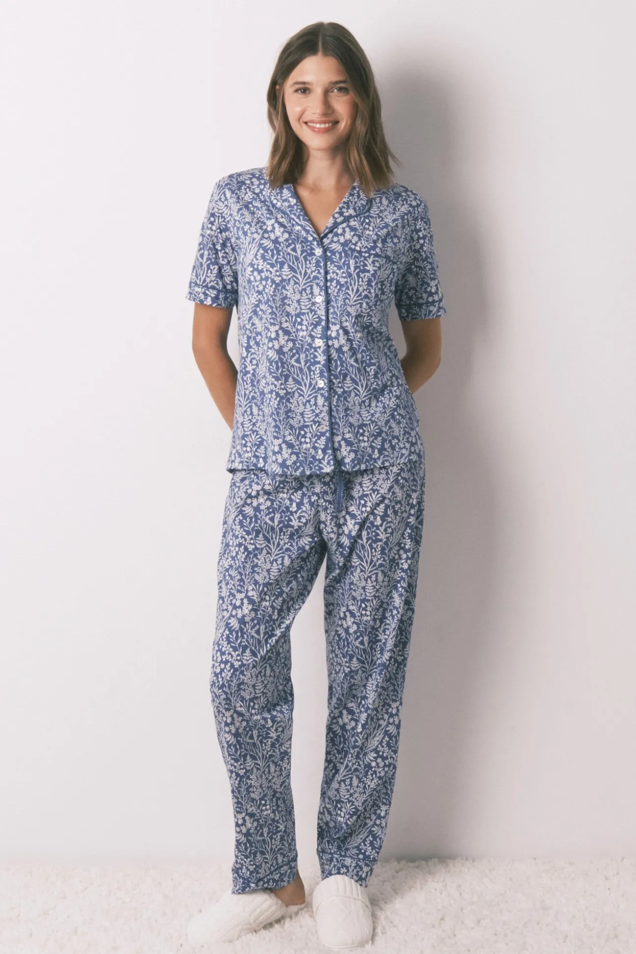 Pijama camisero largo 100% algodón azul print flores