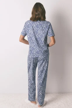 Pijama camisero largo 100% algodón azul print flores