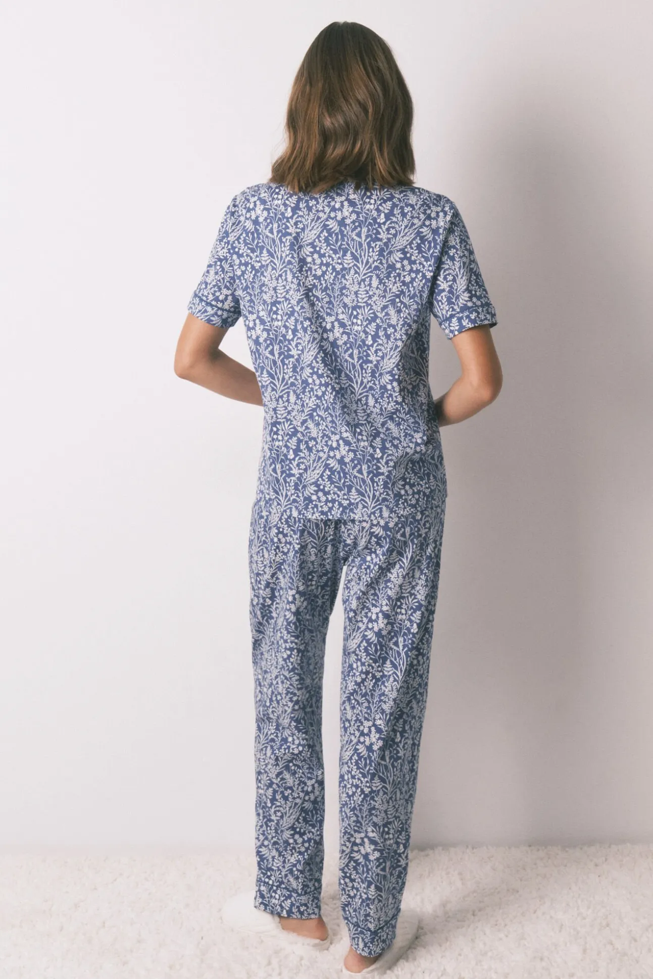 Pijama camisero largo 100% algodón azul print flores