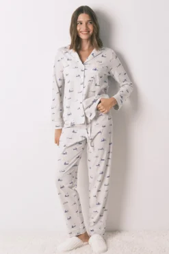 Pijama camisero largo 100% algodón gris print casitas