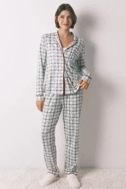 Pijama camisero largo estampado cuadros verde