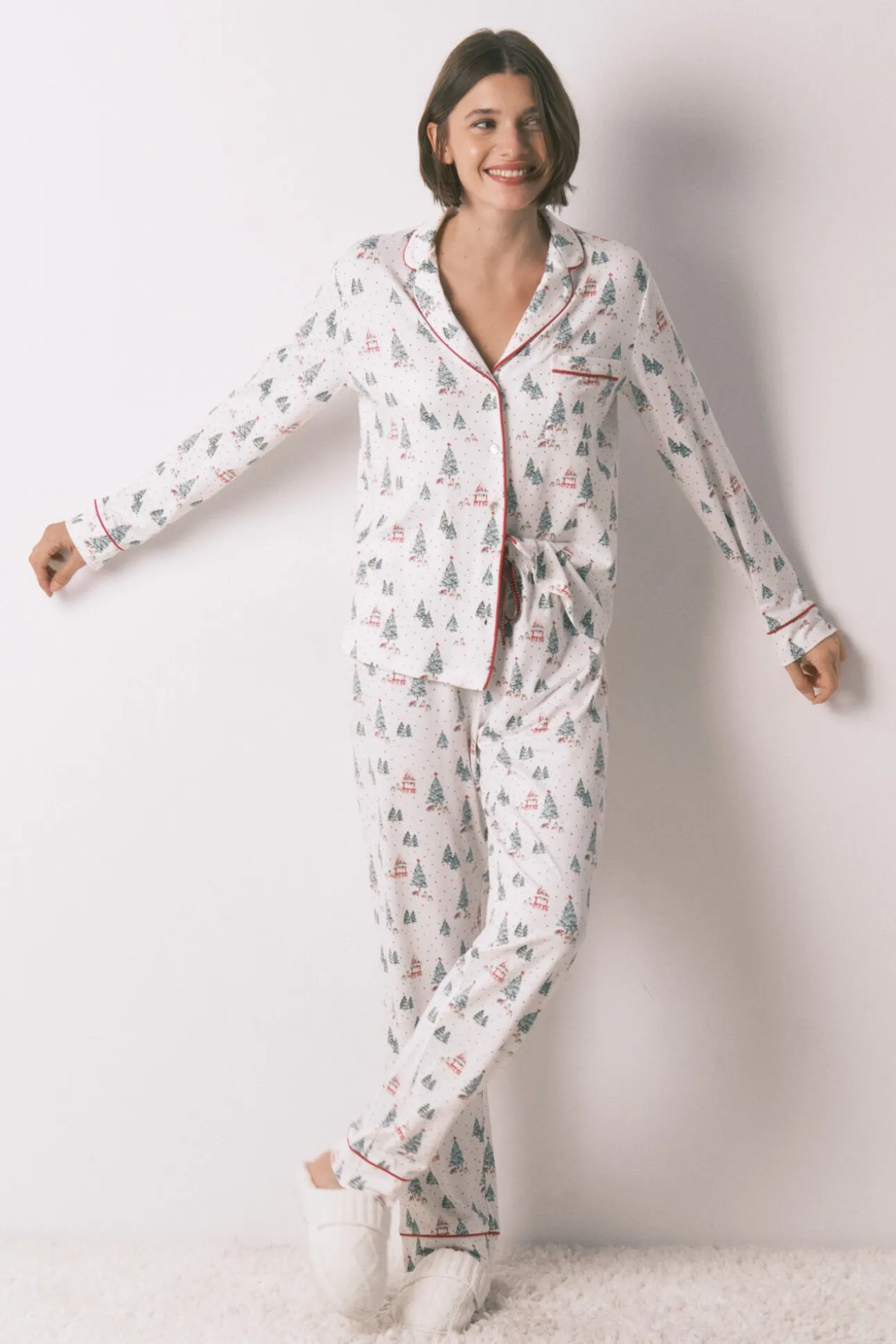Pijama camisero largo estampado navidad blanco