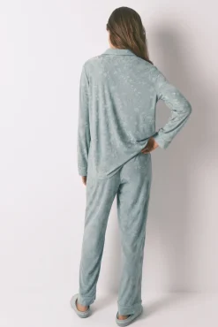Pijama camisero largo jacquard floral verde
