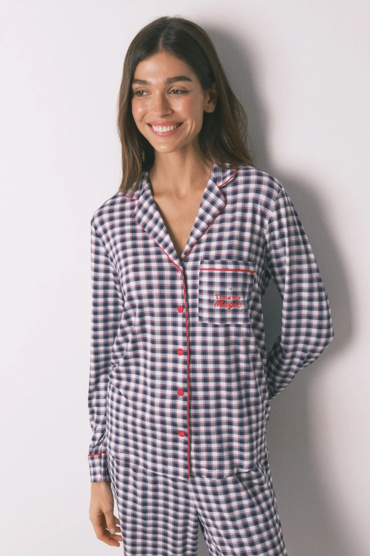 Pijama camisero largo punto suave cuadros