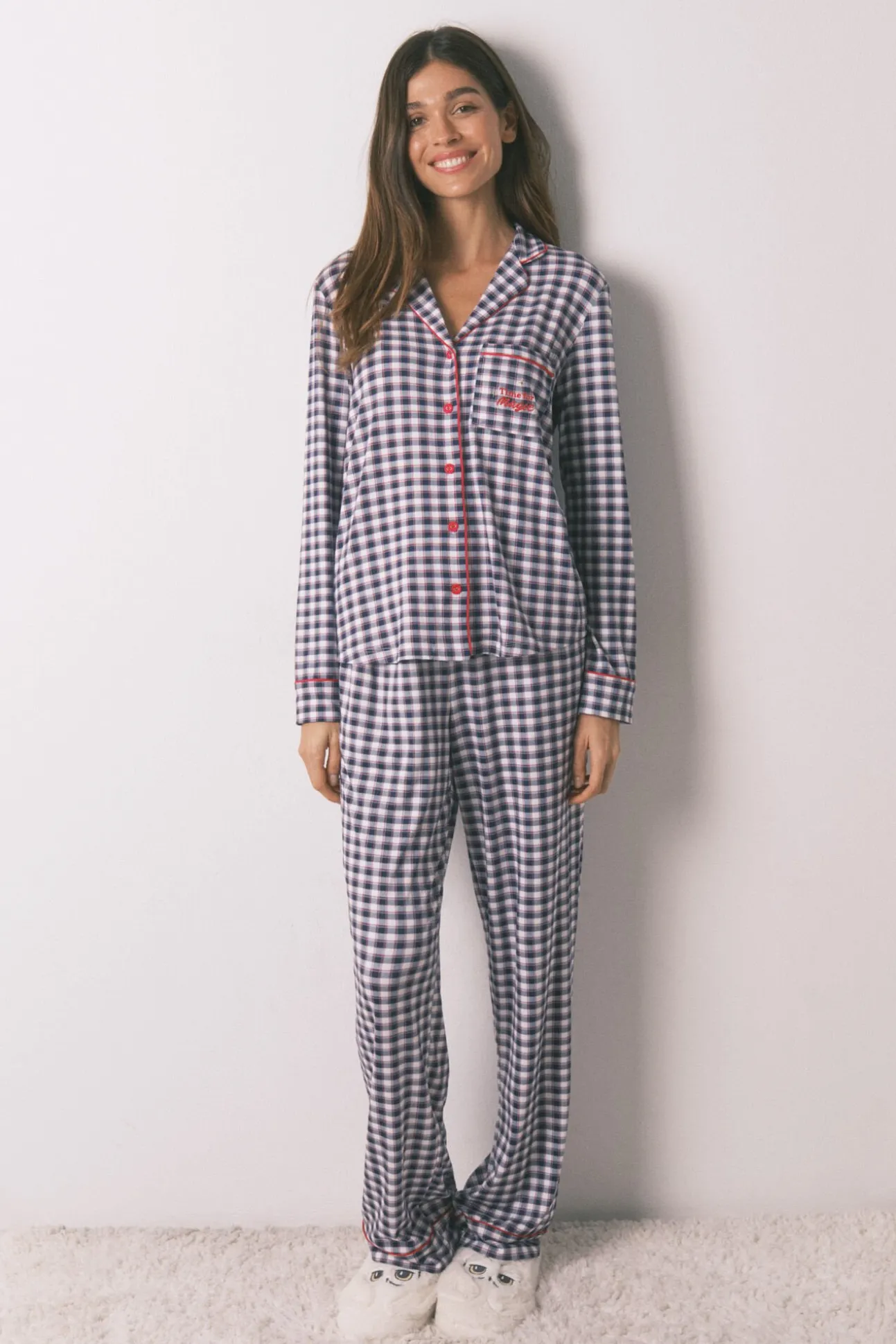 Pijama camisero largo punto suave cuadros