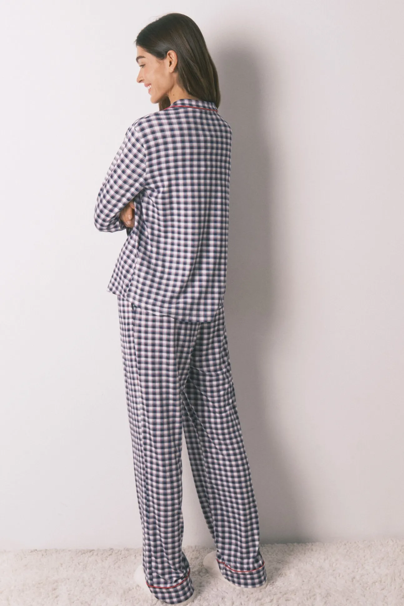 Pijama camisero largo punto suave cuadros