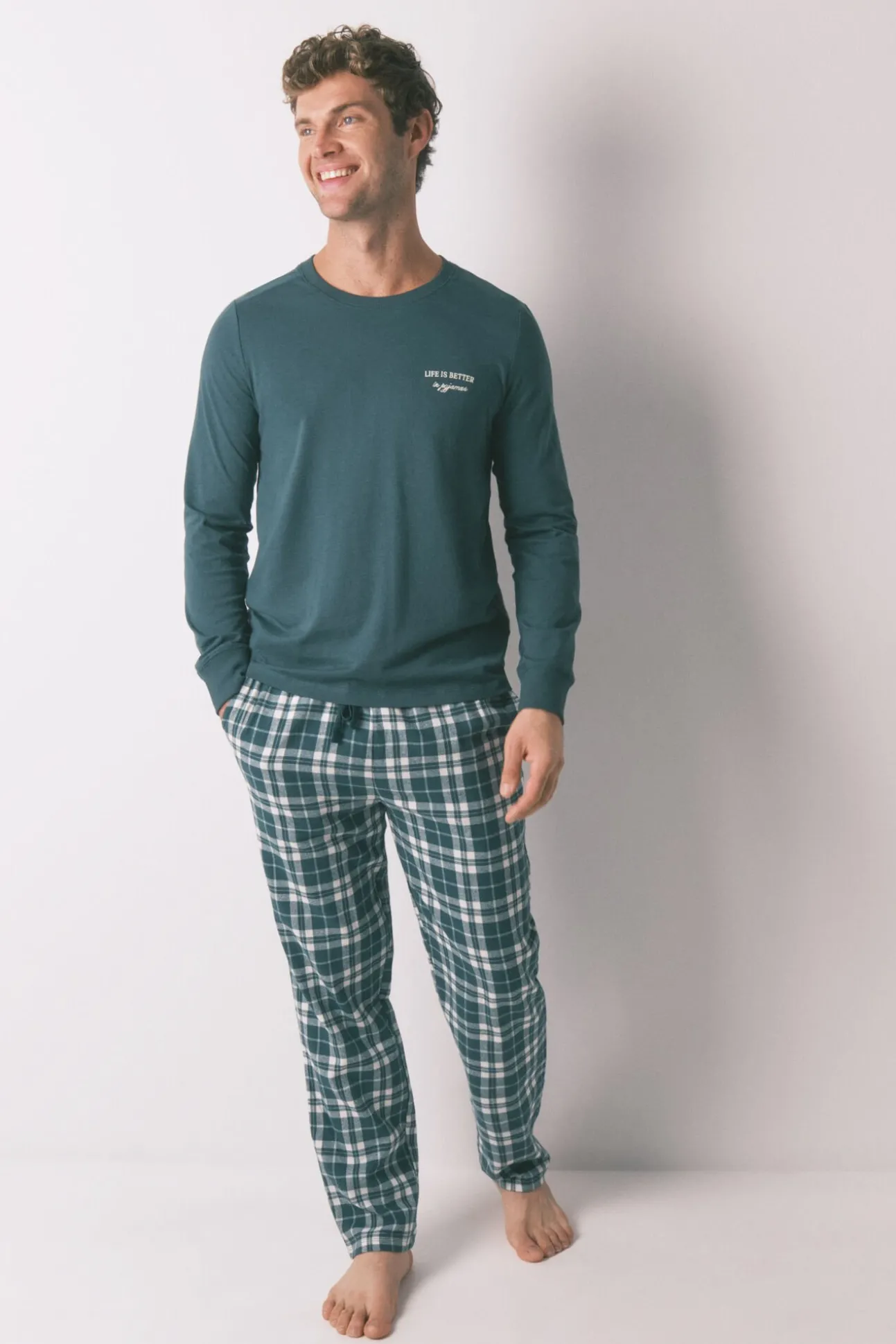 Pijama largo 100% algodón cuadros verde