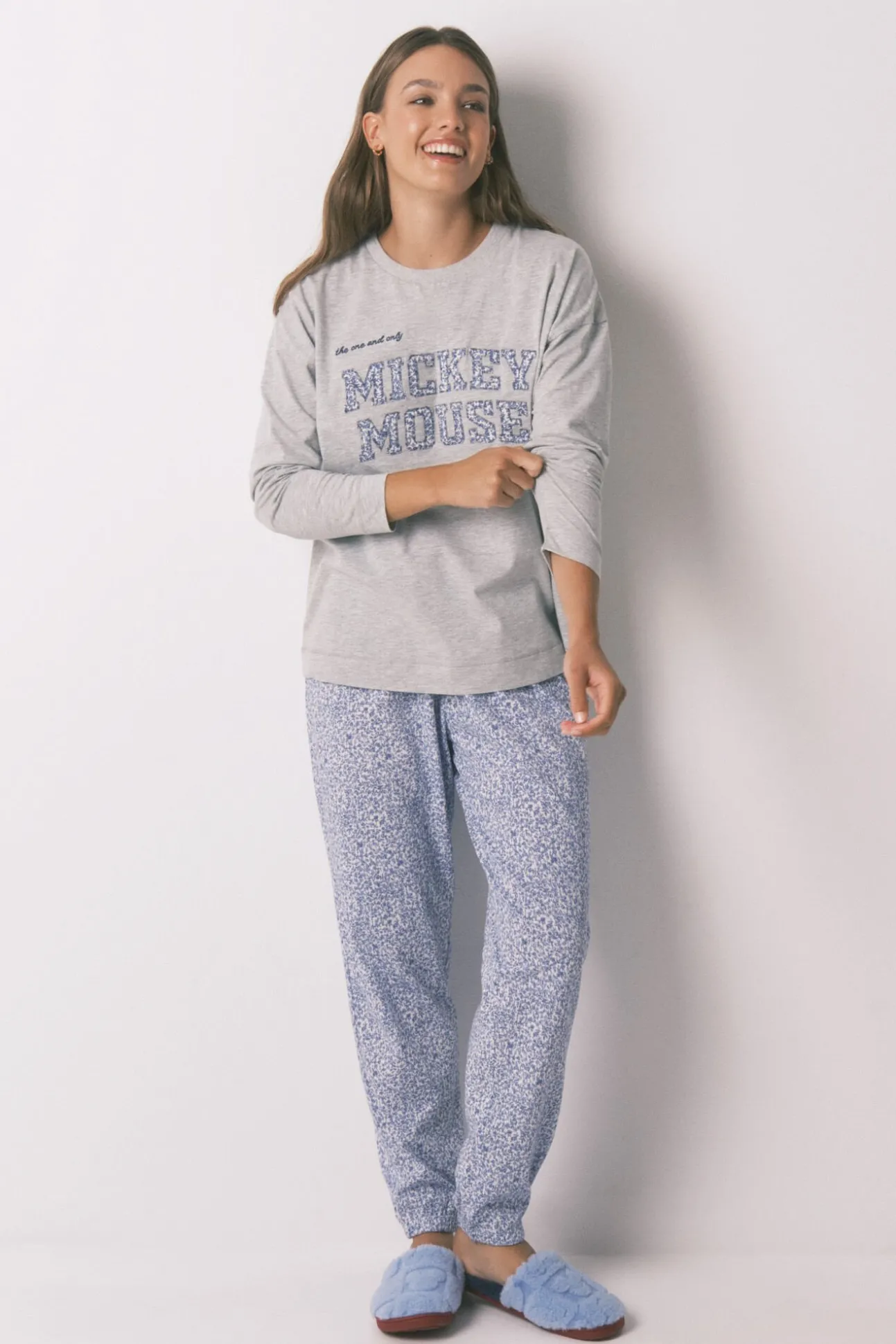 Pijama largo algodón Mickey gris