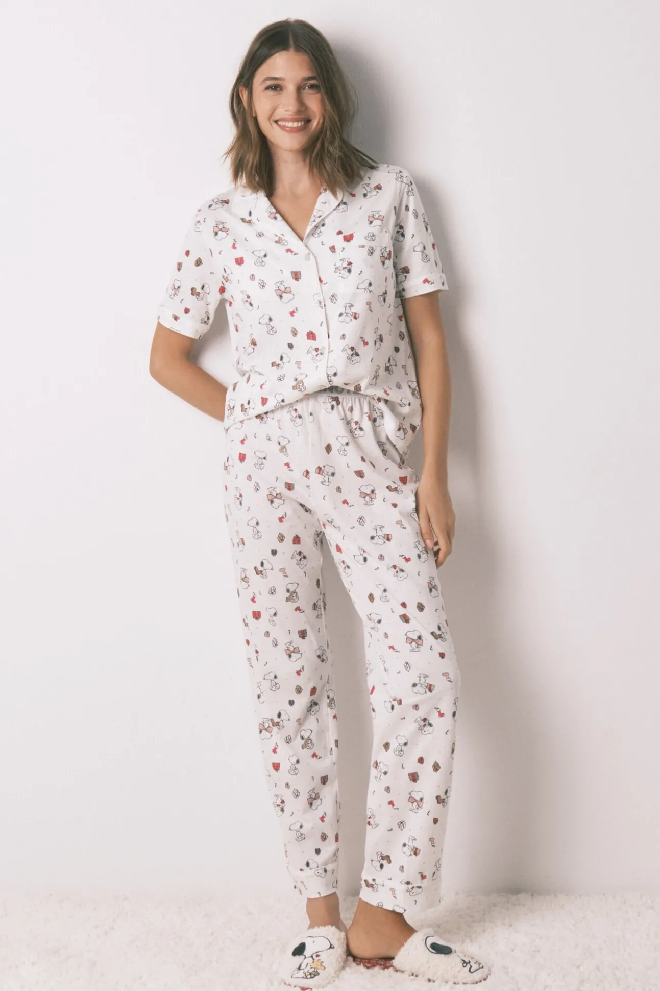 Pijama largo camisero 100% algodón blanco Snoopy