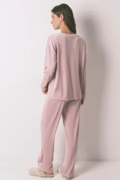 Pijama largo canalé terciopelo rosa