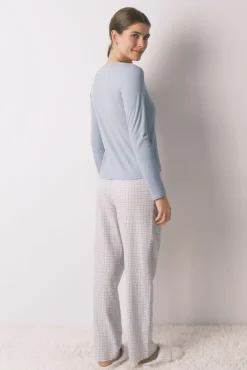 Pijama largo cuadros efecto brillo azul
