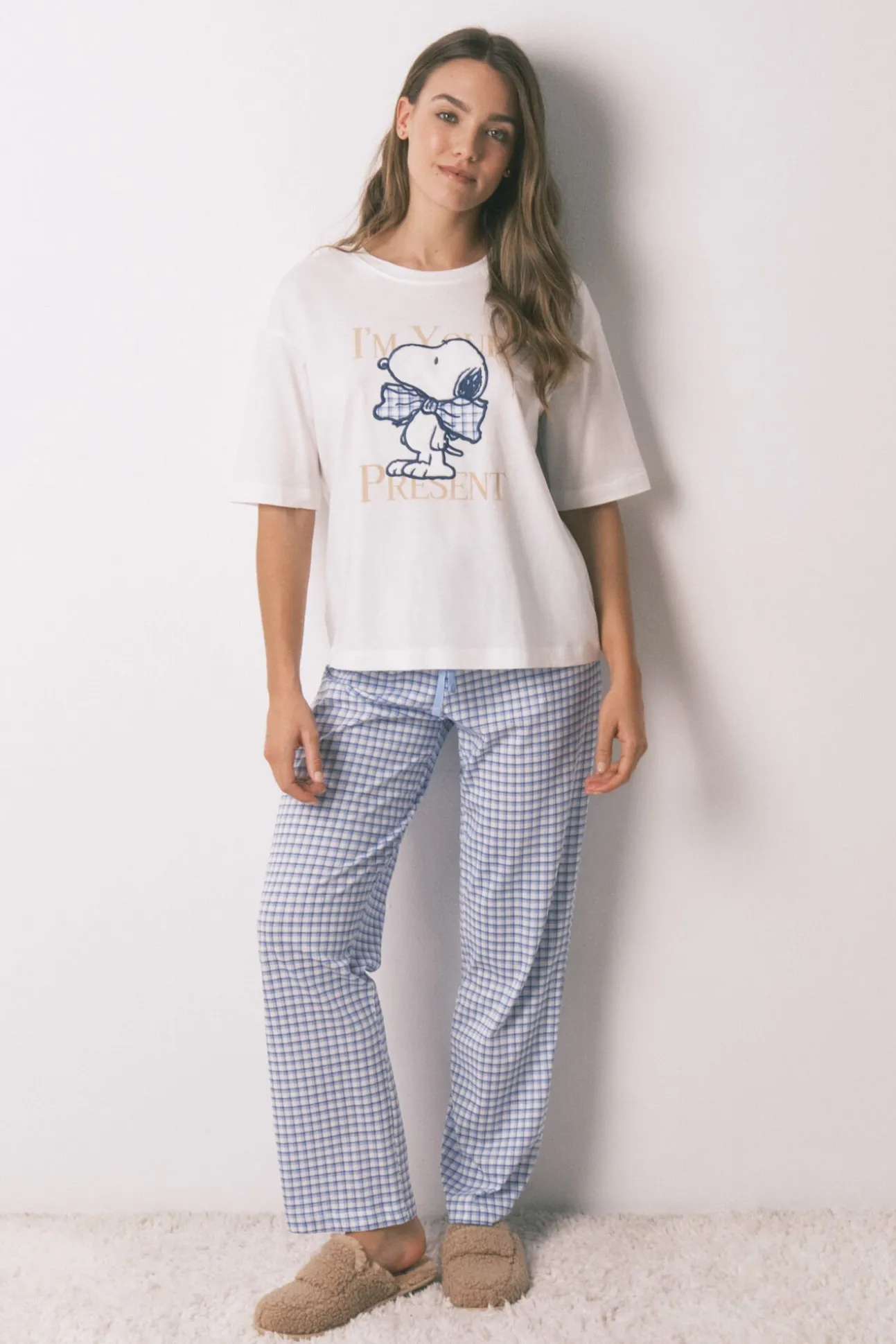 Pijama largo manga corta algodón Snoopy Vichy