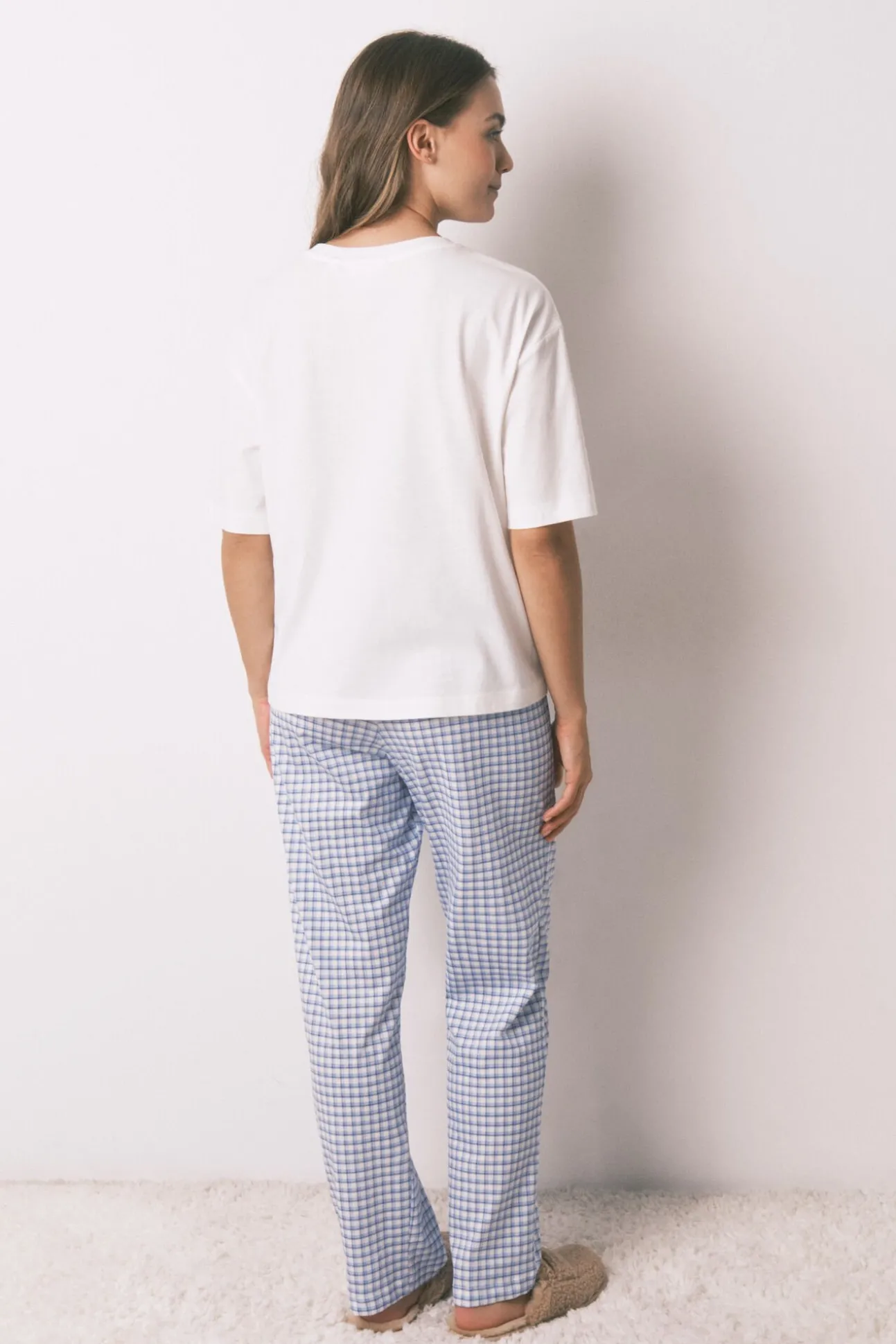 Pijama largo manga corta algodón Snoopy Vichy