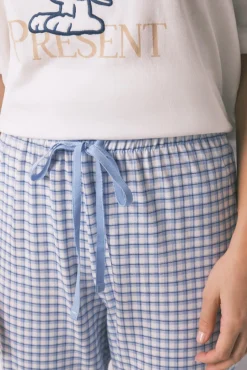 Pijama largo manga corta algodón Snoopy Vichy