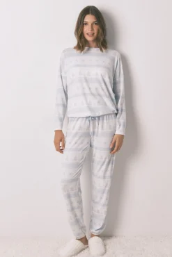 Pijama largo punto suave cenefas azul