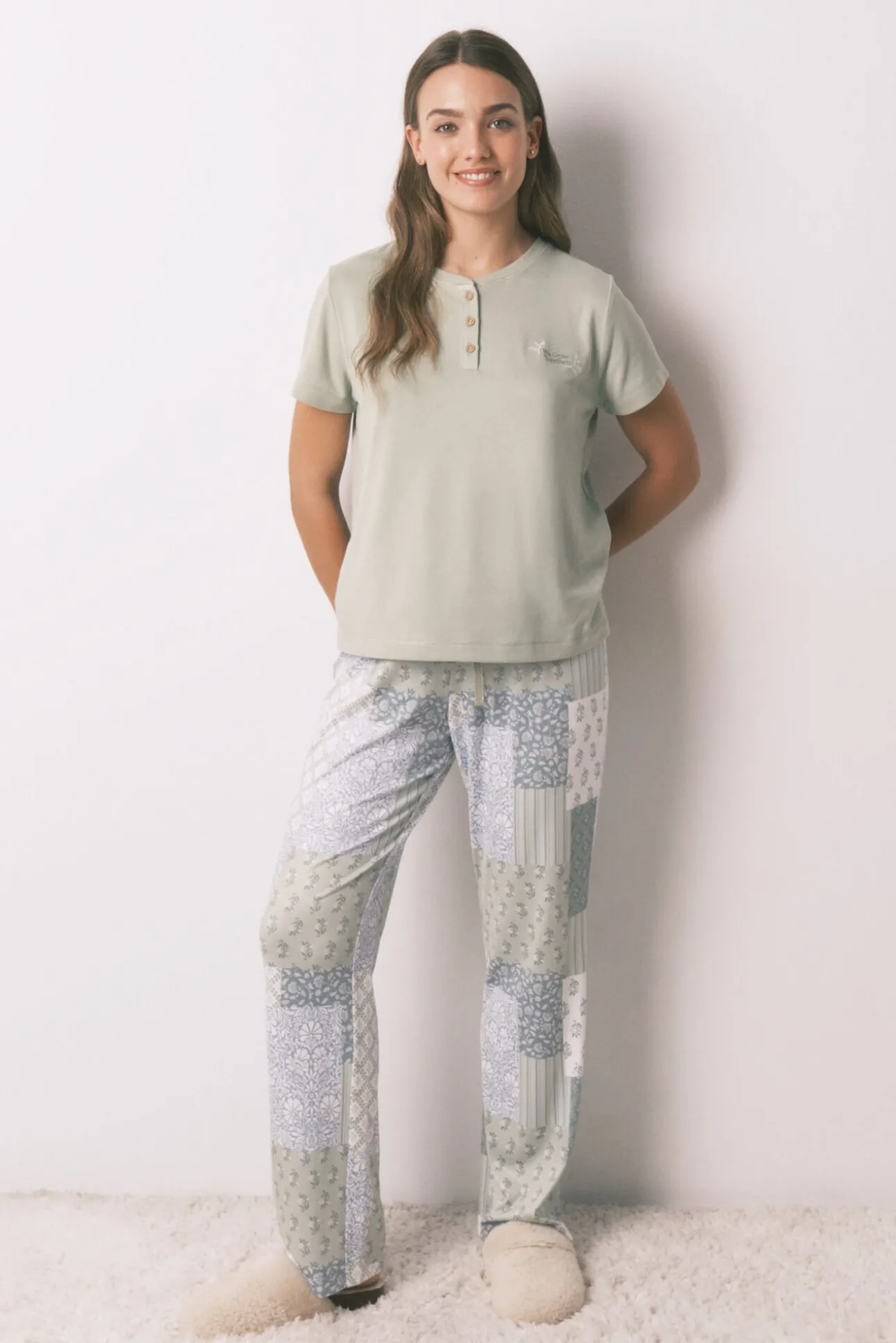 Pijama largo super soft patchwork manga corta